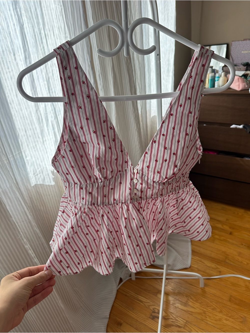 Zara Pink and White Striped Floral Peplum Camisole